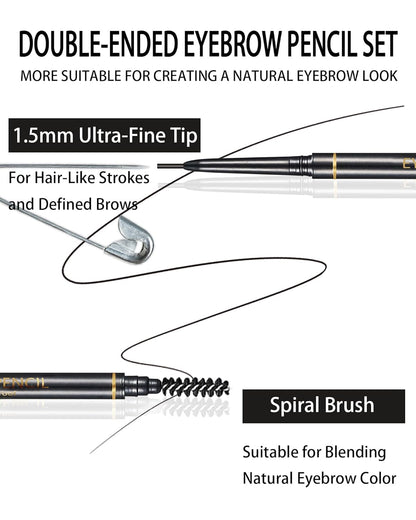 Black Eyebrow Pencils for Women, 12Pcs Ultra Slim Eyebrow Pencil with 2 Brow Razors Kit, Double Head 1.5mm Micro-Fine Tip & Spiral Brush, Can Draw Fine and Long-Lasting Brows Makeup