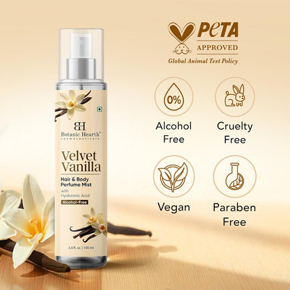Botanic Hearth Velvet Vanilla Hair & Body Perfume Mist with Hyaluronic Acid, Alcohol-Free Formula, Long Lasting Fresh Vanilla Scent, Lightweight Body Spray for Women & Men, 3.4 fl oz / 100 ml