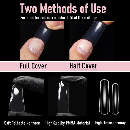 Curved Nail Tips Square Press on Full Cover Thicker Extra Curve Gel x Thick Long Acrylic Fake Nails, Clear Hard Gel French XXL False Nails for Nail Extension 12 Sizes 240 Pcs Q54 Pro