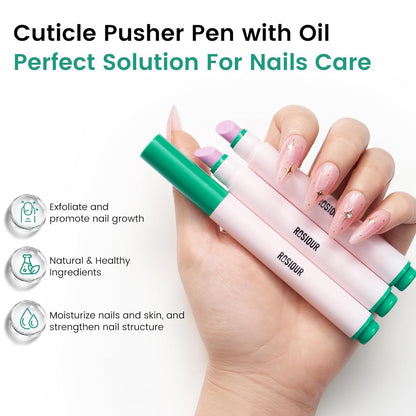 Ceramic Cuticle Oil Pusher Pen: 3-in-1 Nail Cuticle Buffer Pens for Hangnails, Dry & Damaged Nails, Moisturize Strengthen Brighten Nails Care
