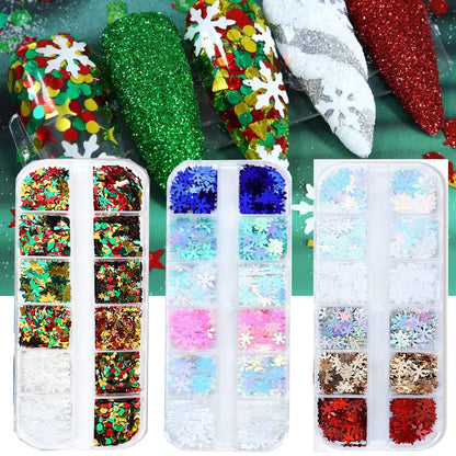 Christmas Nail Art Glitters Sequins, 3 Boxes Holographic Snowflake Nail Art Flakes Red Green White Winter Snowflake Star Glitter Sticker Decals Manicure DIY Xmas Decorations 36 Styles