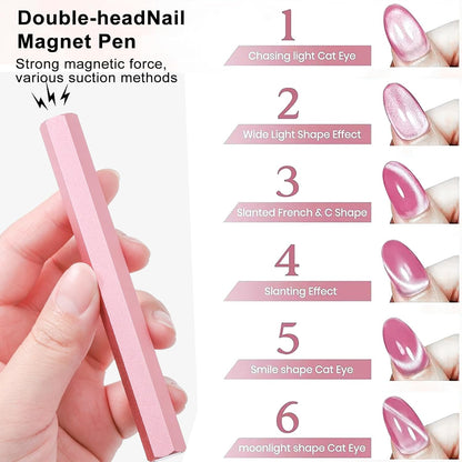13pcs Pink Cateye Magnet for Nails Double-Ended Hexagon Nail Magnet Stick Flower Cat Eye Magnetic Pen 9 Stripe Nail Magnet Plates for Cat Eye Gel Nail Polish