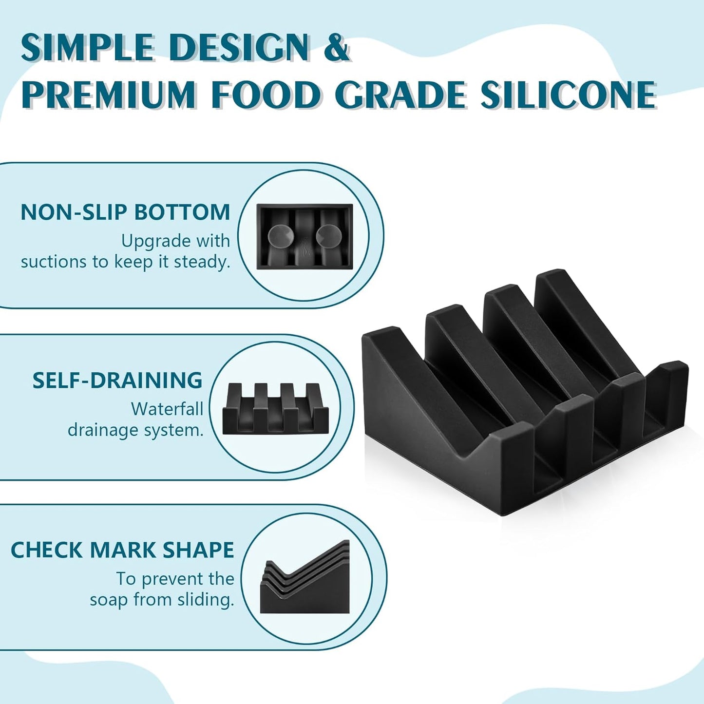 Self Draining Soap Dish,Silicone Suction Cup Soap Holder, Bathroom Soap Dish for Bar Soap,Can Extend Soap Life,Bathroom, Bath Tub, Kitchen Sink (2, Black)