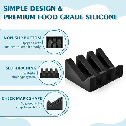 Self Draining Soap Dish,Silicone Suction Cup Soap Holder, Bathroom Soap Dish for Bar Soap,Can Extend Soap Life,Bathroom, Bath Tub, Kitchen Sink (2, Black)