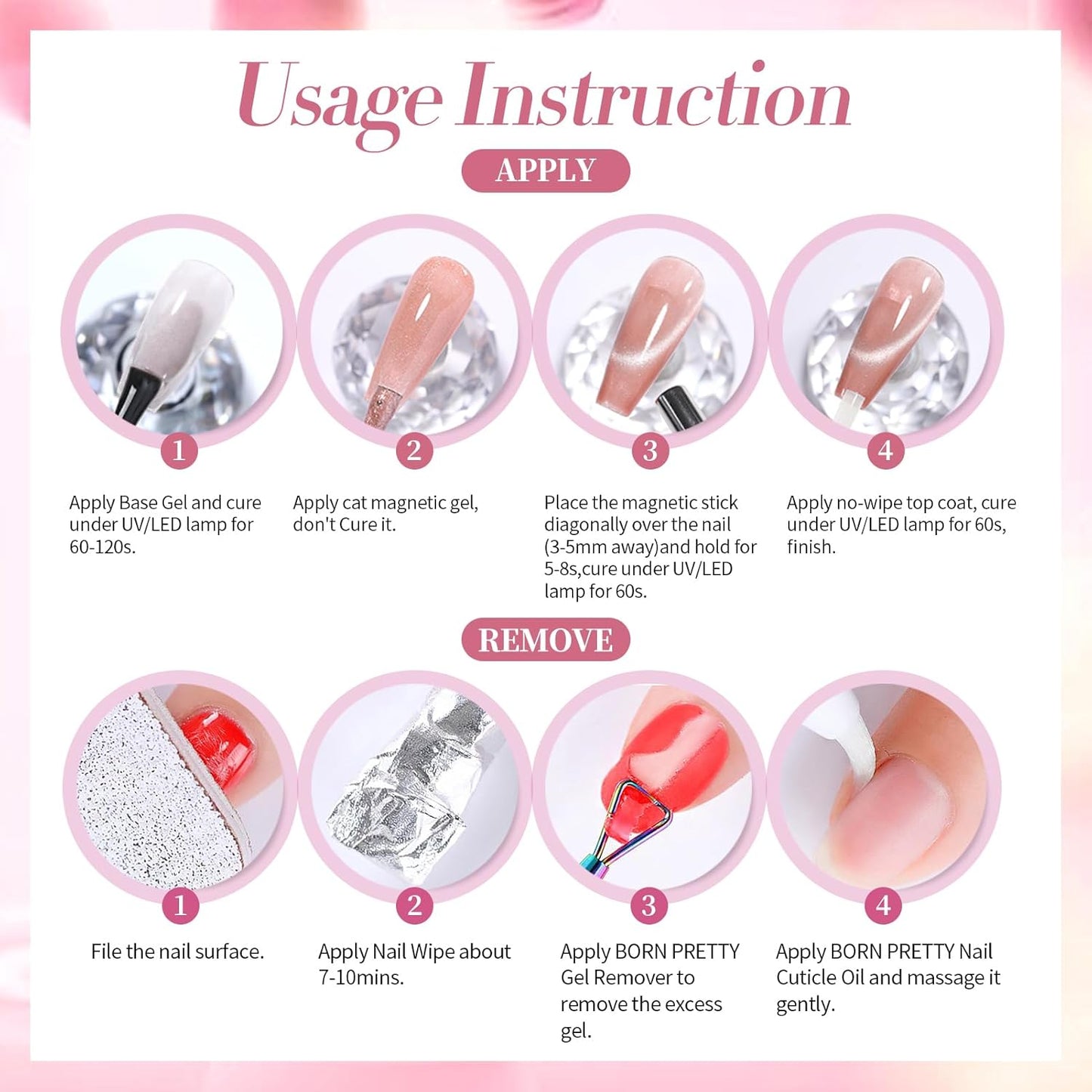 Born Pretty Cat Magnetic Eye Gel Nail Polish,Color Changing Pink Sliver Glitter Cat Magnetic Gel Nail Polish for Nail Art Manicure Salon DIY at Home 15ML