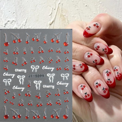 Cherry Nail Stickers 5 Sheets Cherry Blossom Nail Decals Spring Summer Fruits Nail Decoration 5D Embossed Stickers for Nail Art Bows Stars Butterfly Flowers Nail Stickers Manicure Supplies