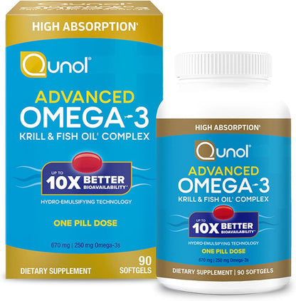 Qunol Advanced Omega 3 Krill and Fish Oil Complex, 10x Better Bioavailability, One Pill Dose, 250mg EPA & DHA, Supports Brain, Eye, Heart and Joint Health, 90 Count (Pack of 1)