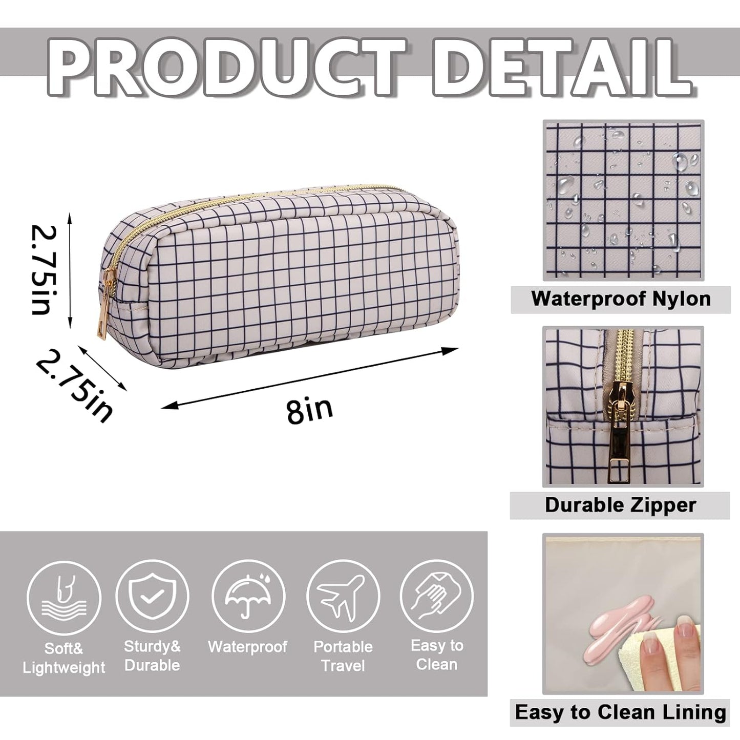 Small Pencil Case Makeup Bag for Purse, Cute Pencil Pouch Nylon Preppy Checkered Makeup Brush Bag with Zipper, Girls Portable Stationery Storage Case Small Pen Bag for Office School(Slim-Checkered)