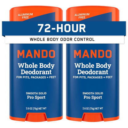 Mando Whole Body Deodorant For Men - Smooth Solid Stick - 72 Hour Odor Control - Aluminum Free, Baking Soda Free, Skin Safe - 2.6 ounce (Pack of 2) - Pro Sport