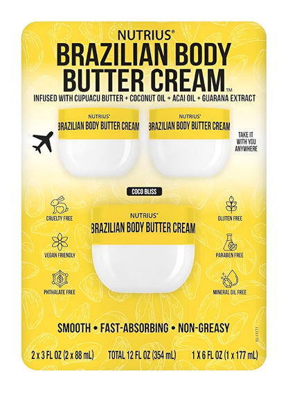 Brazilian Body Butter Cream 3-Pack – Cupuaçu Butter Infused Lotion for Deep Hydration – Includes One 6 fl oz Jar and Two 3 fl oz Travel Sizes – Fast-Absorbing, Non-Greasy, Nourishing Moisturizer