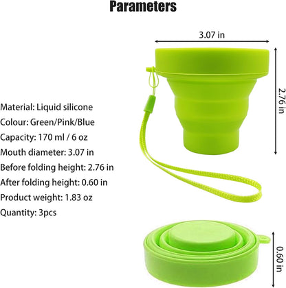 Silicone Collapsible Water Cup,Outdoor Folding Reusable Mug with Lid Lanyard,Camping Travel Hiking Expandable Drinking Jug,Portable BPA Free Food Grade Container,170ml/6oz(3pcs)