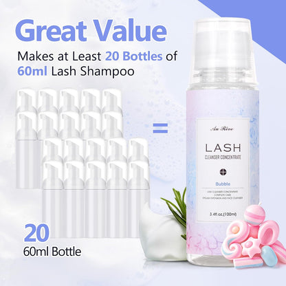 Lash Shampoo Concentrate 100ml Lash Extension Cleanser Oil-Free Eyelash Extension Shampoo with Salon Home Care -Makes 20 Bottles 60ml Eyelash Cleaner,Bubble Gum