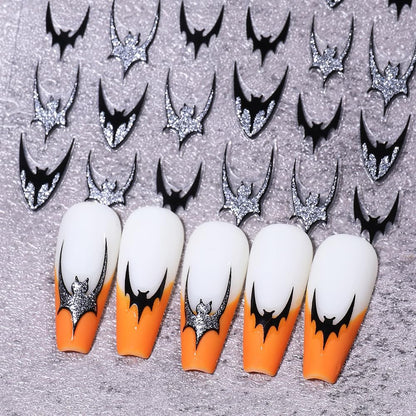 4Pcs Gothic Halloween Nail Art Stickers - Self-Adhesive Black Bat Wing Stickers, Gold/Silver/Glitters Nail Decals, Halloween Nail Art Decals for Manicure, Parties, Everyday Gothic Nail Decorations