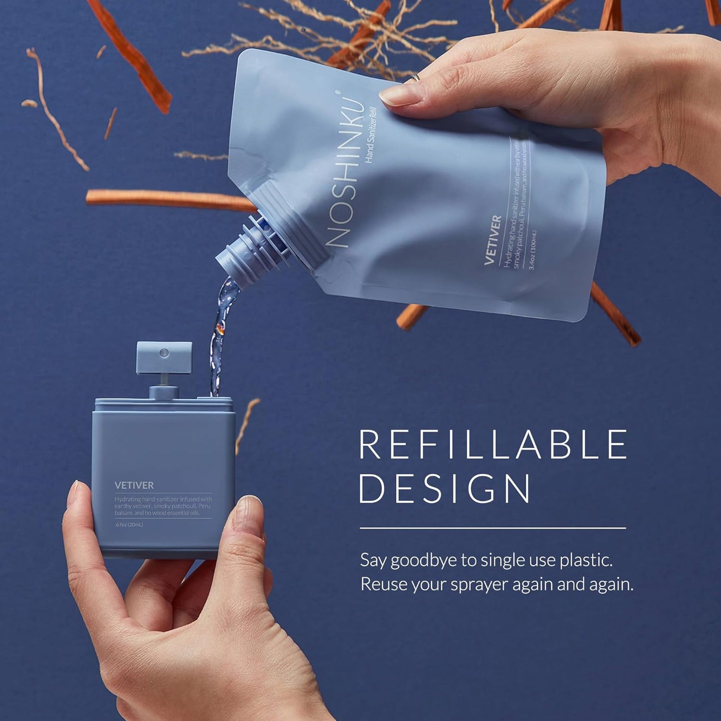 Noshinku - Refillable Hand Sanitizer Vetiver 3-Pack, Travel Size Spray with Hydrating Botanical Oils, Natural Ingredients, All Natural Fragrances, Sugarcane Derived Alcohol, No Parabens, No Dyes