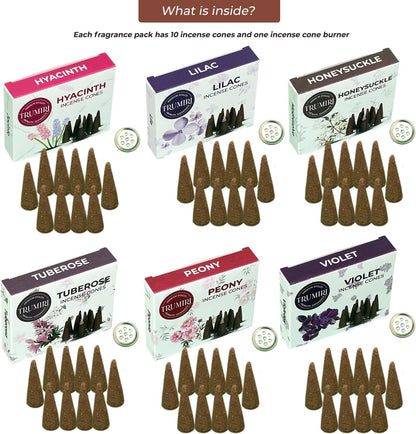 TRUMIRI Blossom Incense Cones - Variety Pack - Total 60 Cone Incense (6 Scents x 10 Conos) - Peony, Lilac, Violet, Honeysuckle, Hyacinth, Tuberose - Cone Incense Scents - Insense Cones - Incent Cone