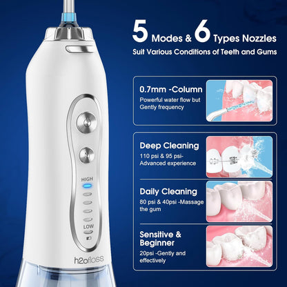 H2ofloss Water Dental Flosser Portable Dental Oral Irrigator with 5 Modes, 6 Replaceable Jet Tips, Rechargeable IPX7 Waterproof Teeth Cleaner for Home and Travel -300ml Detachable Reservoir (HF-6)