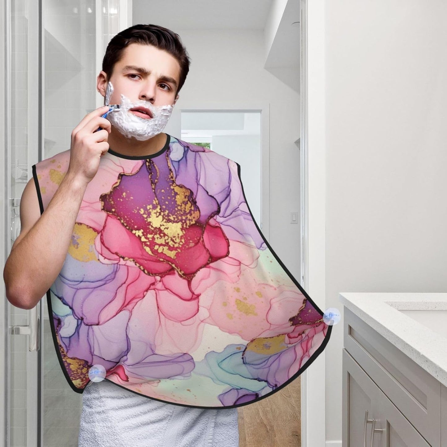 Non-Stick Beard Bib for Shaving, Pink Gold Marble Ink Art Painting Watercolor Shave Bib, Waterproof Hair Catcher with Suction Cups, Grooming Apron Men Husband