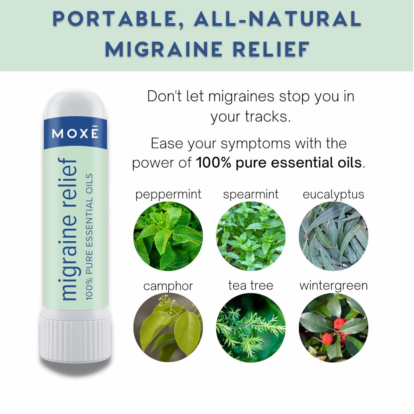 MOXE Migraine Relief Nasal Inhalers, Essential Oils for Headaches & Tension Relief, Portable Aromatherapy, Easy-to-Use, Pure & Undiluted, Peppermint, Spearmint, Eucalyptus, Tea Tree, USA Made, 3 Pack