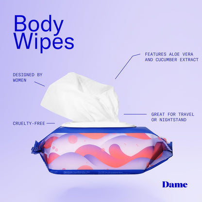 Dame Products Body Wipes - Cleansing and Nourishing - pH-Balanced Formulated with Aloe and Cucumber Extract - Disposable and Flushable - 25 Count