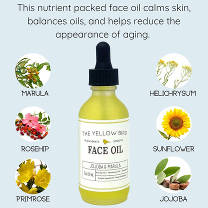 Yellow Bird Nourishing Face Oil - All Natural Hydrating, Anti Aging Facial Serum. Includes Jojoba, Marula, Primrose, & Rosehip for Restoring Skin