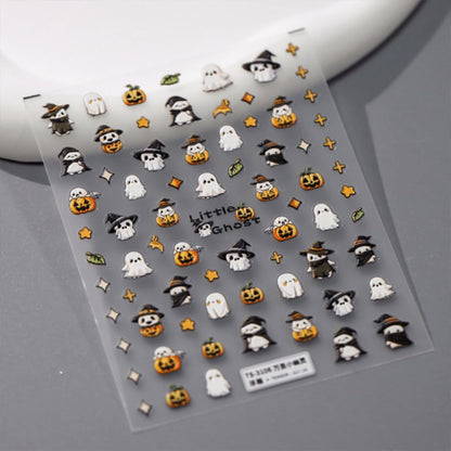 Embossed 5D Halloween Nail Stickers - Cute Ghost & Pumpkin Designs, Self-Adhesive Halloween Nail Decals for Women & Girls 2 Sheets