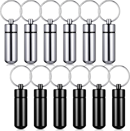 Patelai 12 Pcs Portable Keychain Pill Holder Mini Pocket Pill Case for Men Women Aluminum Geocache Containers Waterproof Metal Medicine Bottle Organizer for Outdoor Camping Travel(Black and Silver)