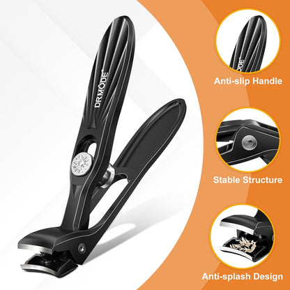 DRMODE Nail Clippers for Men Thick Nails, Angled Head Toe Nail Clippers for Thick Nails for Seniors, Wide Jaw Opening Toenail Clippers Heavy Duty Fingernail Clipper with Catcher Long Handle - Black