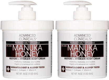 Advanced Clinicals Manuka Honey Body Cream For Women & Men | Body Butter Lotion For Extremely Dry Skin | Collagen Cream | Skincare Moisturizer Hydrating Balm Improves Look Of Aging Skin, 16Oz, 2-Pack