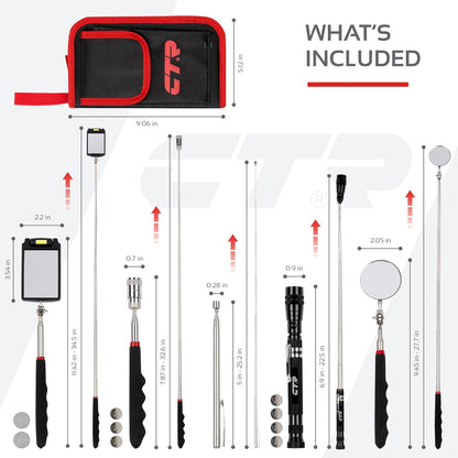 CTR 5PCS Telescoping Magnetic Pickup Tool Kit with Super Bright COB LED Square Inspection Mirror, Flexible Magnet Flashlight, Adjustable Inspection Tool with Long Handle - Best Gadgets Gifts for Men