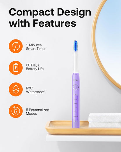 Bitvae Ultrasonic Electric Toothbrush for Adults and Kids, ADA Accepted Travel Toothbrush with Rechargeable 60-Day Battery Life, 5 Modes, 8 Heads, Case, Holder, Purple