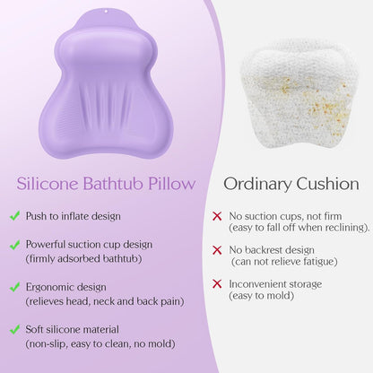 Silicone Bath Pillow, New Material Bath Pillows for Tub Head Neck and Back Support, Bath Tub Pillow with 4D Press Inflatable Airbag and Non-Slip Strong Suction Cup, Quick-Drying, Easy to Store, Purple