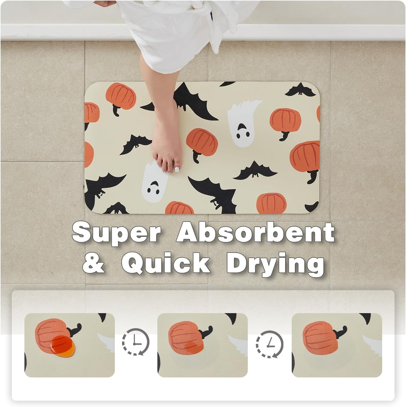 Halloween Bath Mat, Thin Bathroom Rug Non Slip Quick Dry Pumpkin Bath Mat Fits Under Door Thin Floor Mat Halloween Decor, 17''x30'', Pumpkins Bats and Ghost