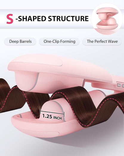 NOVUS Waver Curling Iron, Beach Waves Curling Wand, Ionic Hair Waver with Anti-Scald Hair Crimper, Easy to Use, 2 Barrel Hair Crimper for All Hair Types Women, Pink, 1.25 Inch
