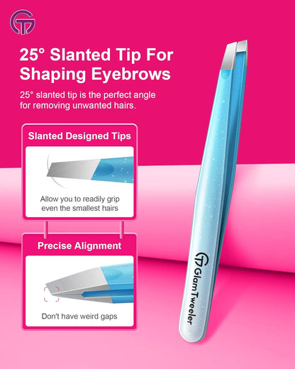 Expert Slant and Point Tip Tweezer Set with Exclusive Storage & Carrying Case, GlamTweeler Sharp & Precision Tweezer Set for Eyebrows, Facial Hairs and Fine Hairs Removal (Sparkle Blue + Silver)