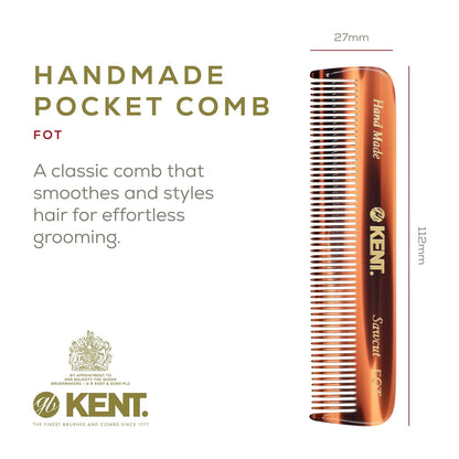 Kent A FOT Tortoiseshell Fine Tooth Handmade Pocket Comb for Men, Women and Kids, Hair Comb Straightener for Grooming and Styling, Beard and Mustache, Saw Cut and Hand Polished, Made in England