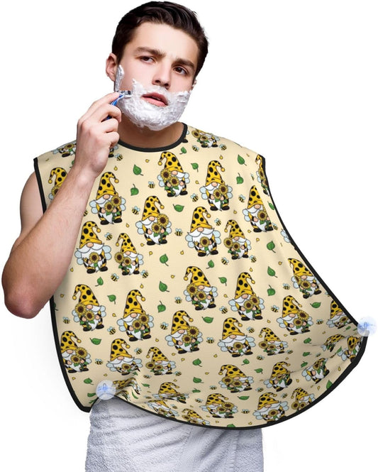 Waterproof Beard Trimming Bib, Non-Stick Hair Catcher for Men Shaving, Grooming Apron for Husband Dad, Gnomes Bees and Sunflowers Shave Bib