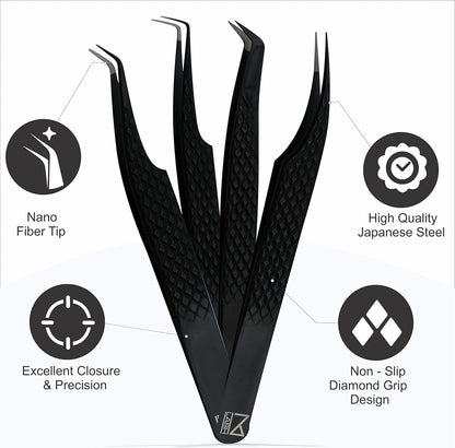 M LASH Eyelash Extension Tweezers (Set of 4) - Professional & Precision Lash Tweezers for Eyelash Extensions - Japanese Steel, Diamond Grip, Fiber Tip V3 (Black)