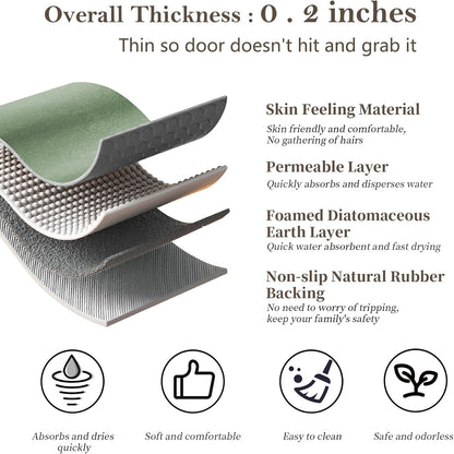 Diatomaceous Earth Bath Mat Rugs Quick Dry Super Absorbent Non Slip Rubber BottomThin Bathroom Mat Fit Under Door, Floor Rugs in Front of Bathtub,Shower Room,Sink,Washable, 17" x 32", Sage Green