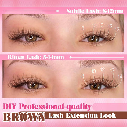 Yawamica Self Adhesive Eyelashes Brown Lash Clusters No Glue Needed Press on Lashes Reusable Pre-glued Eyelash Clusters 8-14mm Wispy Individual Lashes C Curl Cluster Lashes DIY Brown Lash Extension