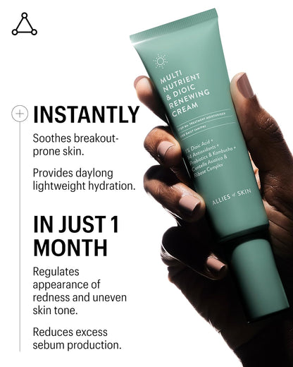 Allies of Skin Multi Nutrient & Dioic Renewing Cream: Moisturizer with Dioic Acid, 14 Antioxidants, Probiotics & Centella Asiatica. Targets Imperfections, Brightens & Protects Skin 1.7 oz / 50 ml