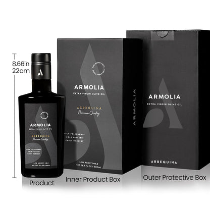 ARMOLIA Pure Olive Oil Extra Virgin Cold Pressed Glass Bottle, EVOO 2025 Gold Award Winner Drinking Polyphenol Rich Olive Oil Early Harvest, High Polyphenol (<400 mg/kg) Low-Acidity (0.14%), Hand Picked (500ml)