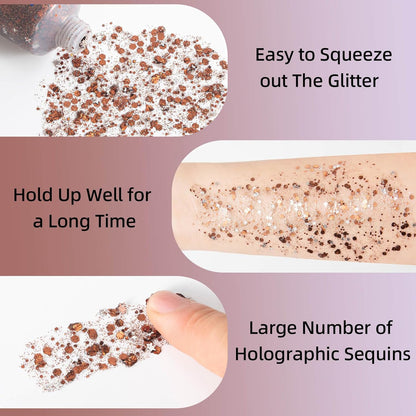 MEICOLY Brown Body Glitter,Deer Maroon Face Glitter Gel,Mermaid Sequins Halloween Glitter Face Paint,Chunky Glitter for Face Body Eye Lip Hair,Glitter Makeup for Women and Kids