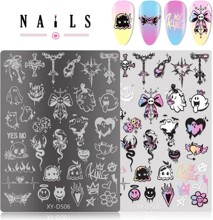 4Pcs Gothic Cute Nail Stamping Plate Set - Dark Kawaii Nail Art Templates, Stainless Steel Spooky Sweet Nail Stamp Plates with Skull & Lace Patterns for Halloween DIY Manicure Printing Tools