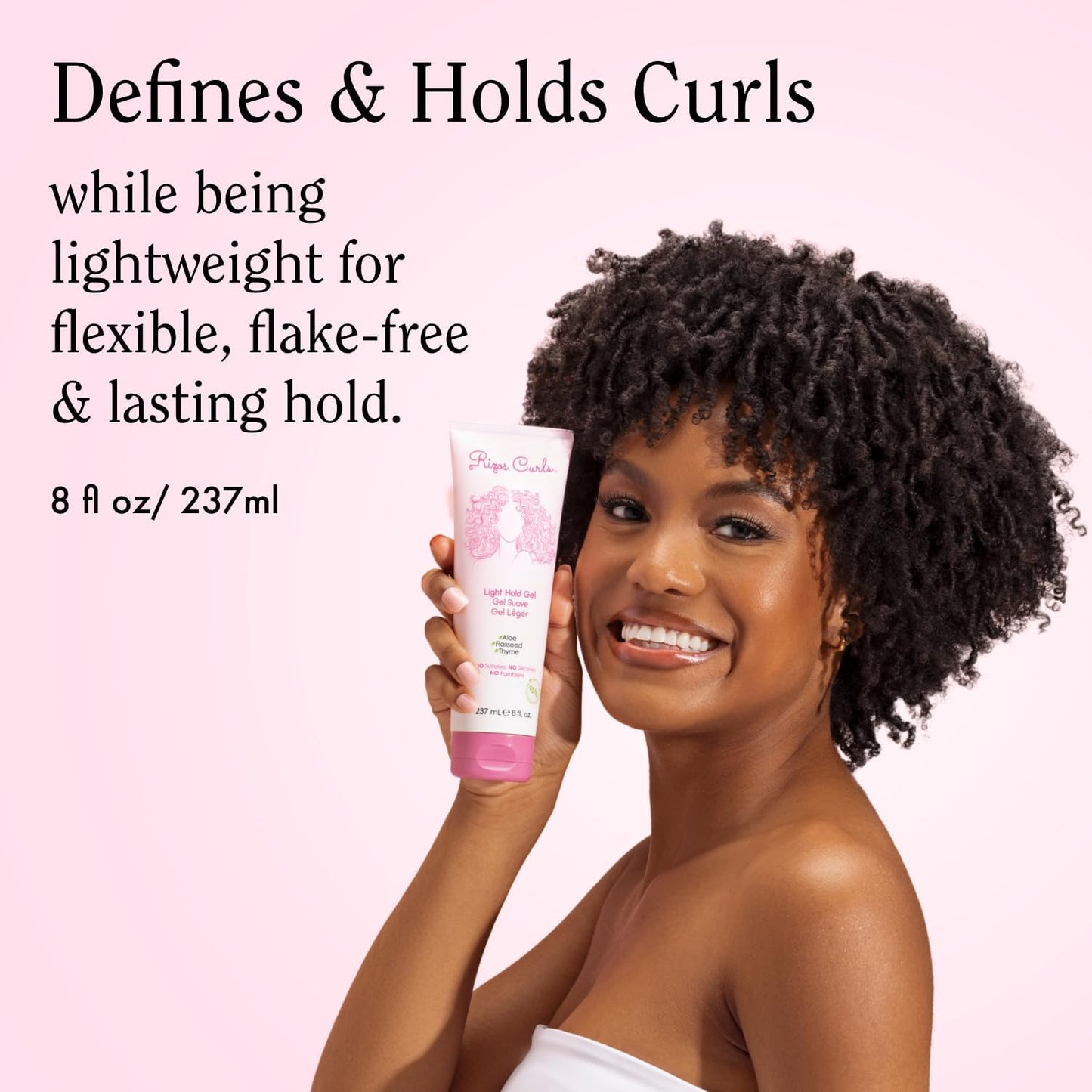 Rizos Curls Travel Light Hold Gel, Defines with Flexible Hold, Flake-Free and Frizz-Free Voluminous Curls, Moisturize and Combat Humidity with Aloe Vera & Flaxseed, 2.5 oz