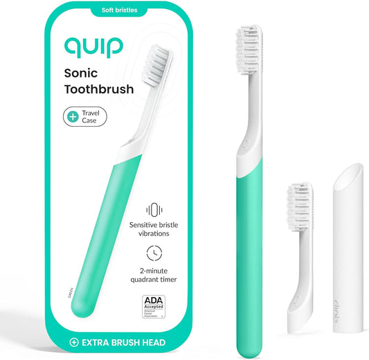 Quip Sonic Toothbrush for Adults with Timer - Includes Extra Brush Head and Travel Cover Mount - Electric, Soft Bristle Refill Head, Plastic Handle, 3 Month Battery Life - Travel Toothbrush - Green
