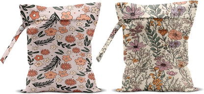 2Pcs Floral Print Wet Bags, Wet Dry Bag Reusable for Swimsuit, Travel, Diapers, Pool, Beach, Dirty Yoga Gym Clothes, Toiletries, Makeup Bag, Zipper Pouch Waterproof Birthday Christmas Gifts
