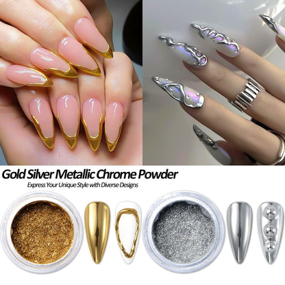 Chrome Nail Powder and 3D Nail Gel Kit, Metallic Mirror Glitter Effect Chrome Powder For Nail Art, Holographic Aurora Iridescent Dip Dust Pigment and 10g Sculpting Gel Set for Nail Decor DIY
