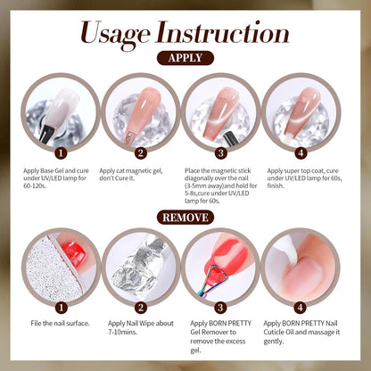 Born Pretty Cat Magnetic Eye Gel Nail Polish, 6 Colors Retro Magnetic Glitter Gel Polish Set Silver Pink Red Nail Polish Kit Soak Off LED Nail Art DIY Salon Gift