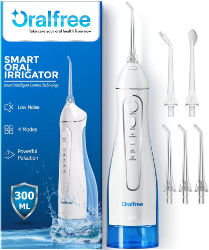 Oralfree Water Dental Flosser Cordless for Teeth Cleaning - 4 Modes Oral Irrigator 300ML Braces Flossers Cleaner, Rechargeable Portable IPX7 Waterproof Powerful Battery for Travel Home