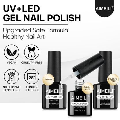 AIMEILI Nail Glue Gel with Top Coat and Prep Dehydrator 3 PCS, Hema Free, Cruelty Free, Vegan, Clear High Gloss Gel Nail Polish Long Lasting Nail Art